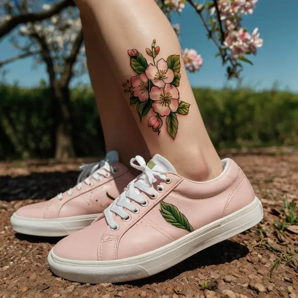 A vibrant tattoo of pink cherry blossoms with green leaves on the leg, capturing a natural and delicate aesthetic.