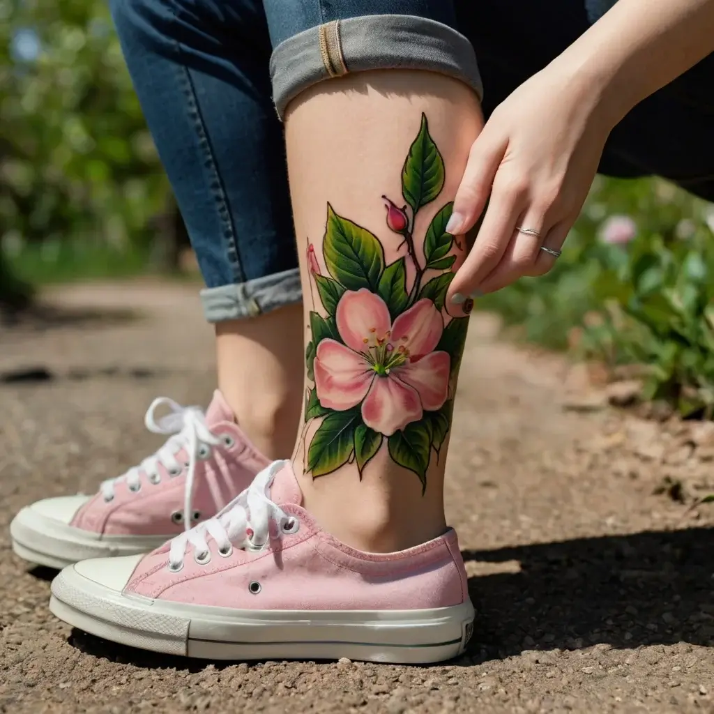 Colorful pink flower tattoo with green leaves on the calf, showcasing detailed shading and vibrant hues.