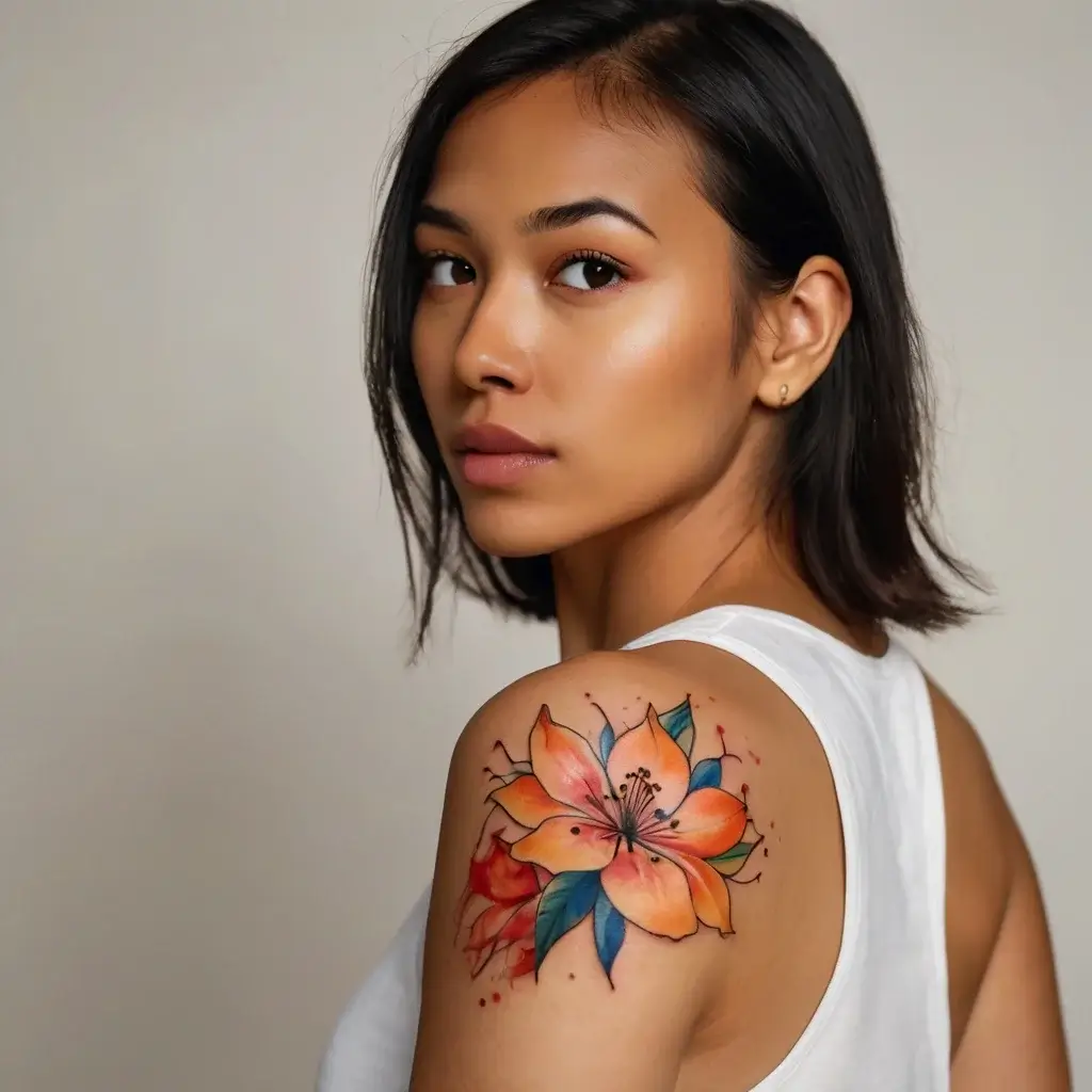 A vibrant watercolor tattoo of an orange lily on the shoulder, with blue and red accents, symbolizing passion and creativity.