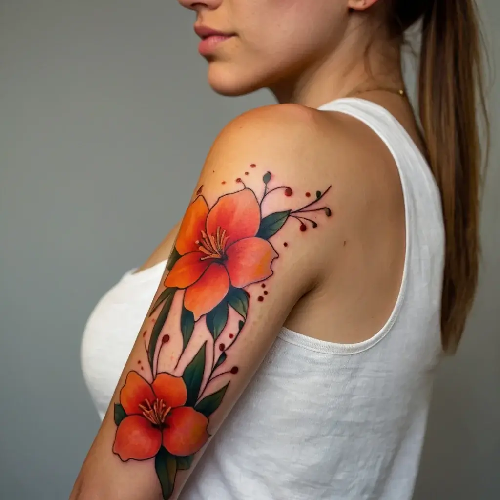 Colorful hibiscus tattoo on upper arm, with vibrant orange petals and green leaves, accented by red dots and lines.