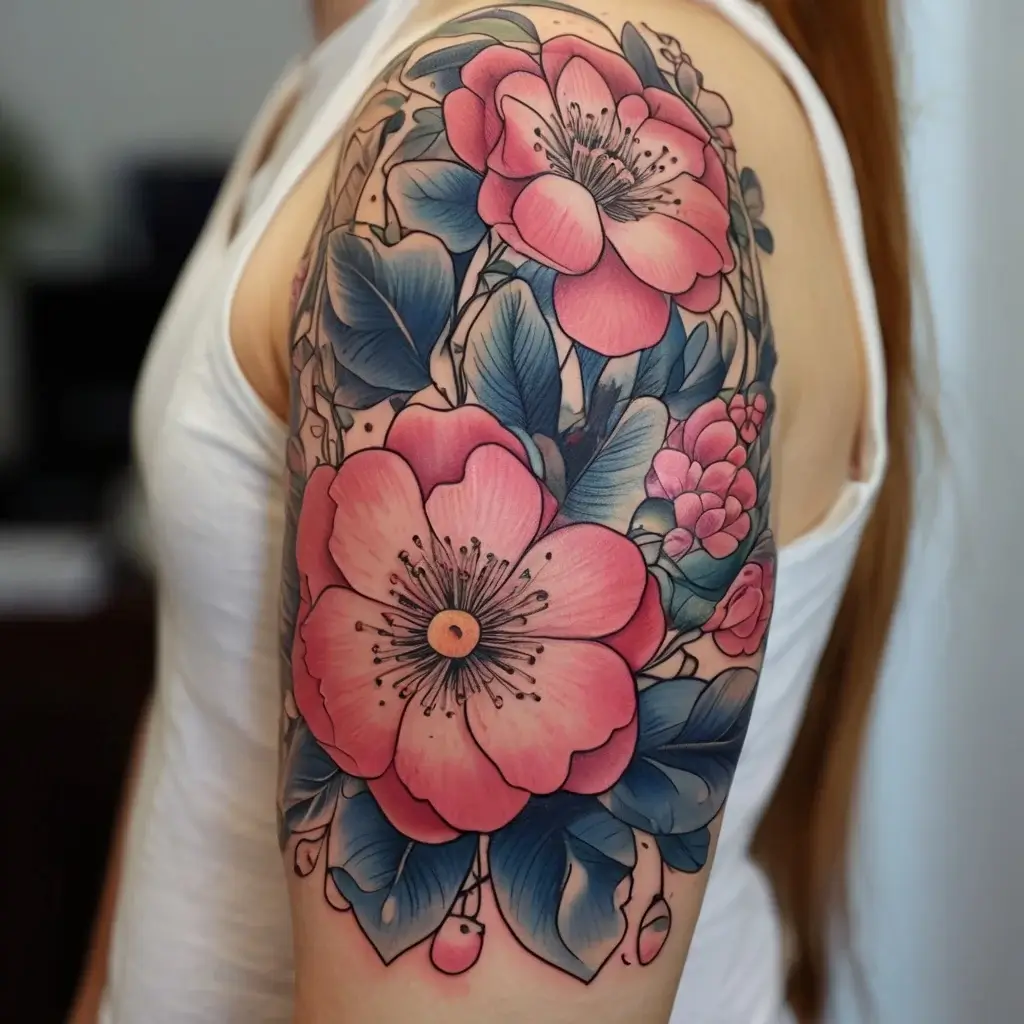 Tattoo of vibrant pink flowers with detailed blue leaves, covering the upper arm in a realistic and bold style.