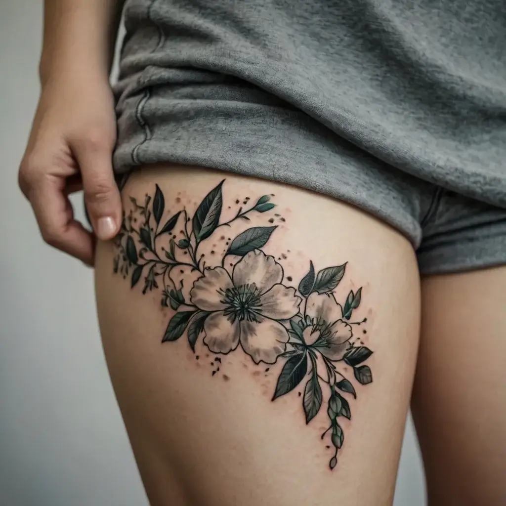 Thigh tattoo of delicate linework flowers and leaves, with soft shading and accents, creating a naturalistic flow.