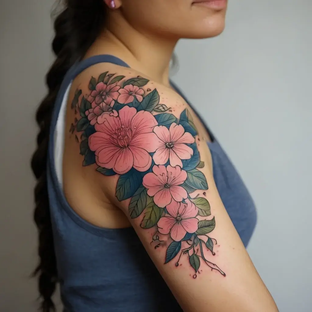 Pink cherry blossoms and lush green leaves tattoo, elegantly covering the shoulder and upper arm.