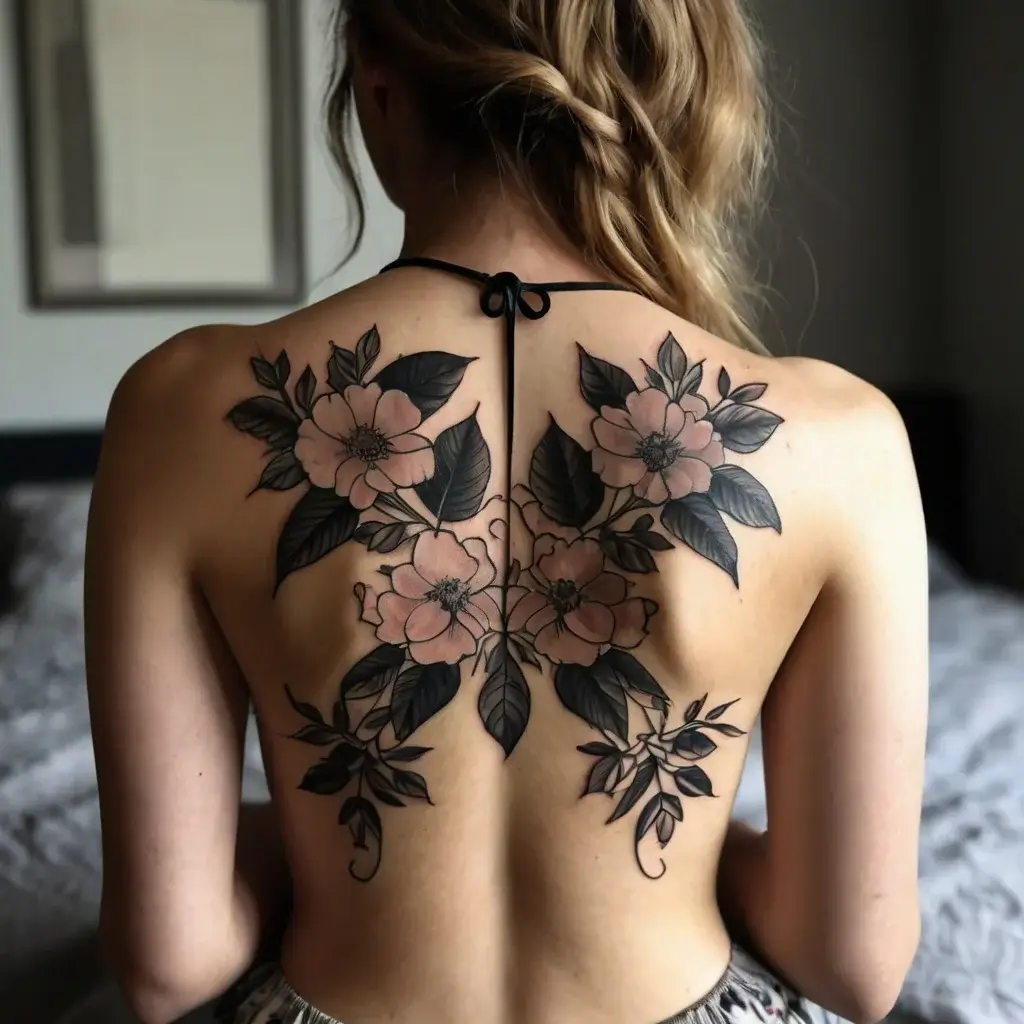 Back tattoo with intricate floral design, featuring large pink flowers and detailed dark leaves symmetrically arranged.