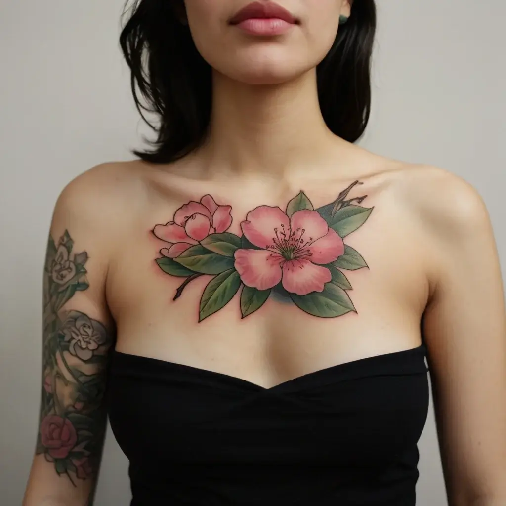 Chest tattoo of two pink cherry blossoms with green leaves, detailed shading, and black outlines, radiating elegance.