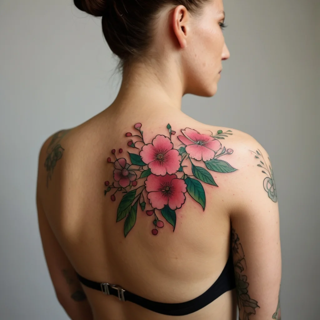 Floral tattoo with pink blossoms and green leaves on shoulder, capturing delicate elegance and natural beauty.