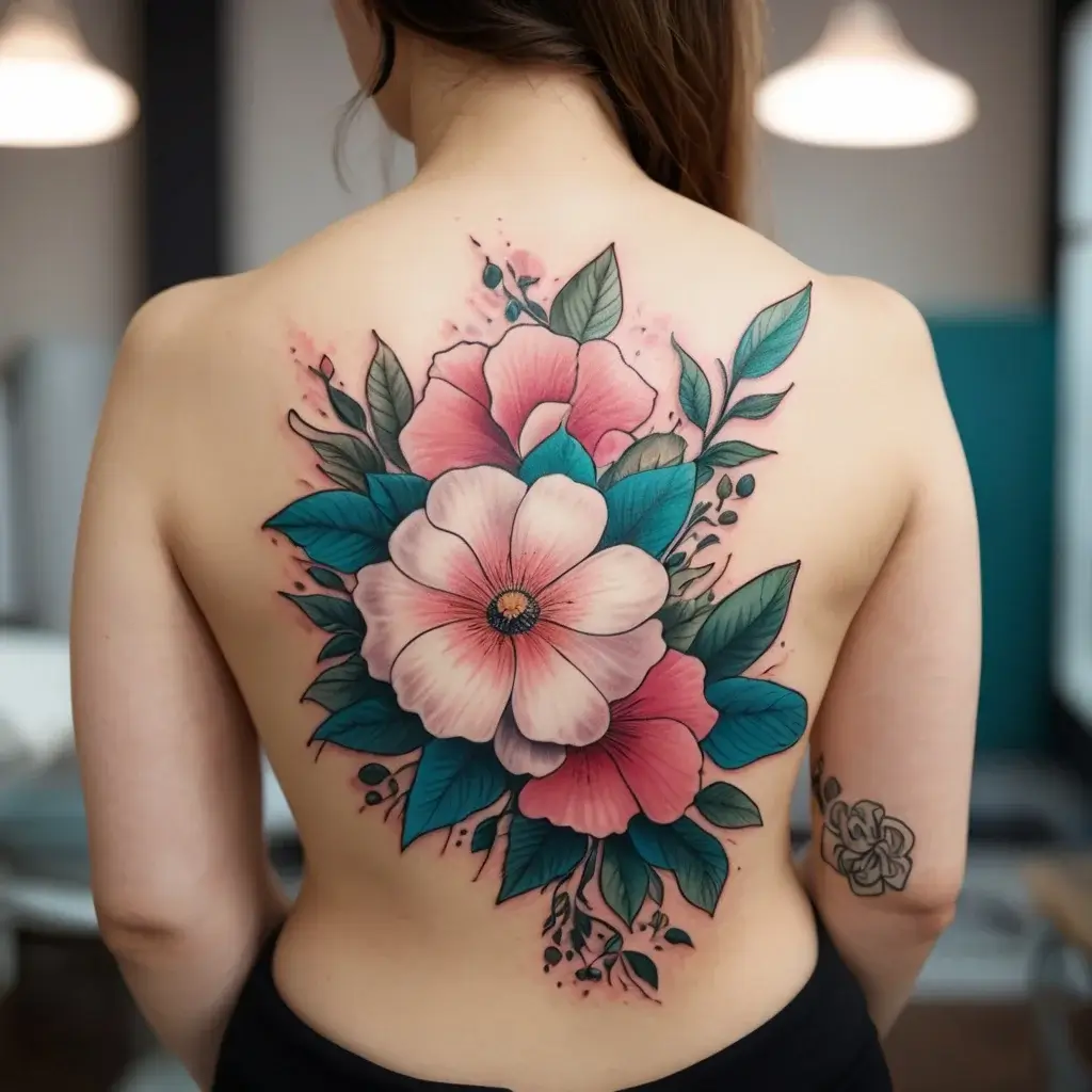 A vibrant back tattoo of pink and teal flowers with leaves, featuring a large central blossom and dynamic splatter effects.