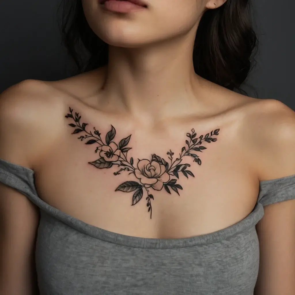 Delicate floral tattoo on collarbone features a central rose with surrounding leaves and branches, creating an elegant neckline.