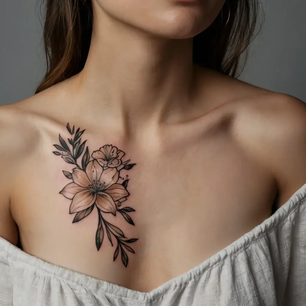 Chest tattoo of delicate lilies and leaves, artistically shaded for depth, creating a natural and elegant floral design.