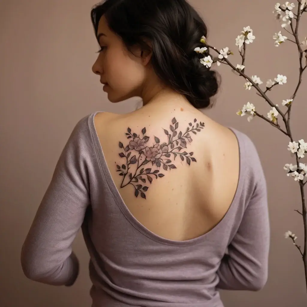 Floral tattoo on the upper back, featuring delicate, intricate branches with blooming flowers and leaves in grayscale.