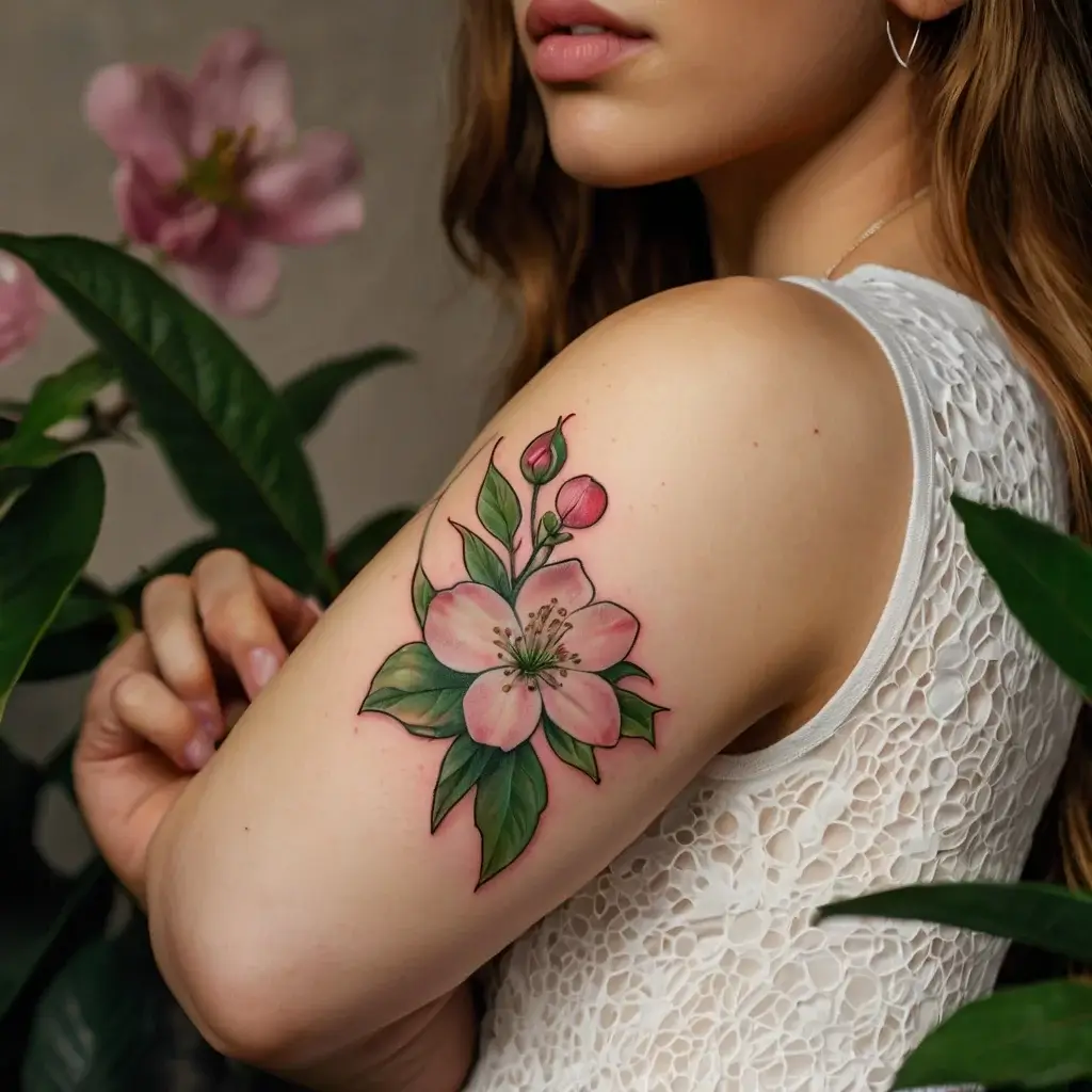 Delicate pink cherry blossom tattoo with green leaves and two buds on the upper arm, symbolizing renewal and beauty.