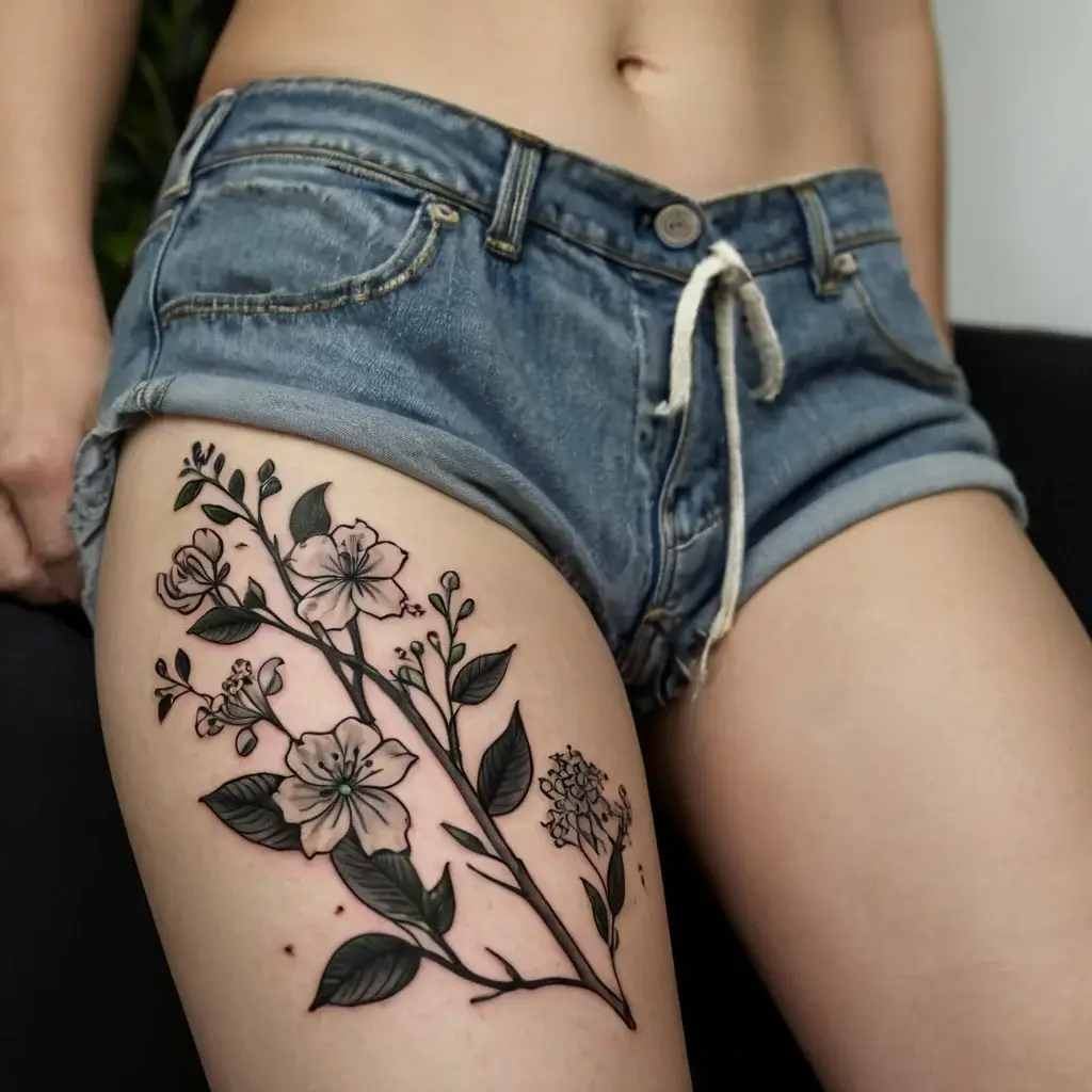 Botanical tattoo of detailed flowers and leaves on a thigh, featuring bold outlines and subtle shading for depth.