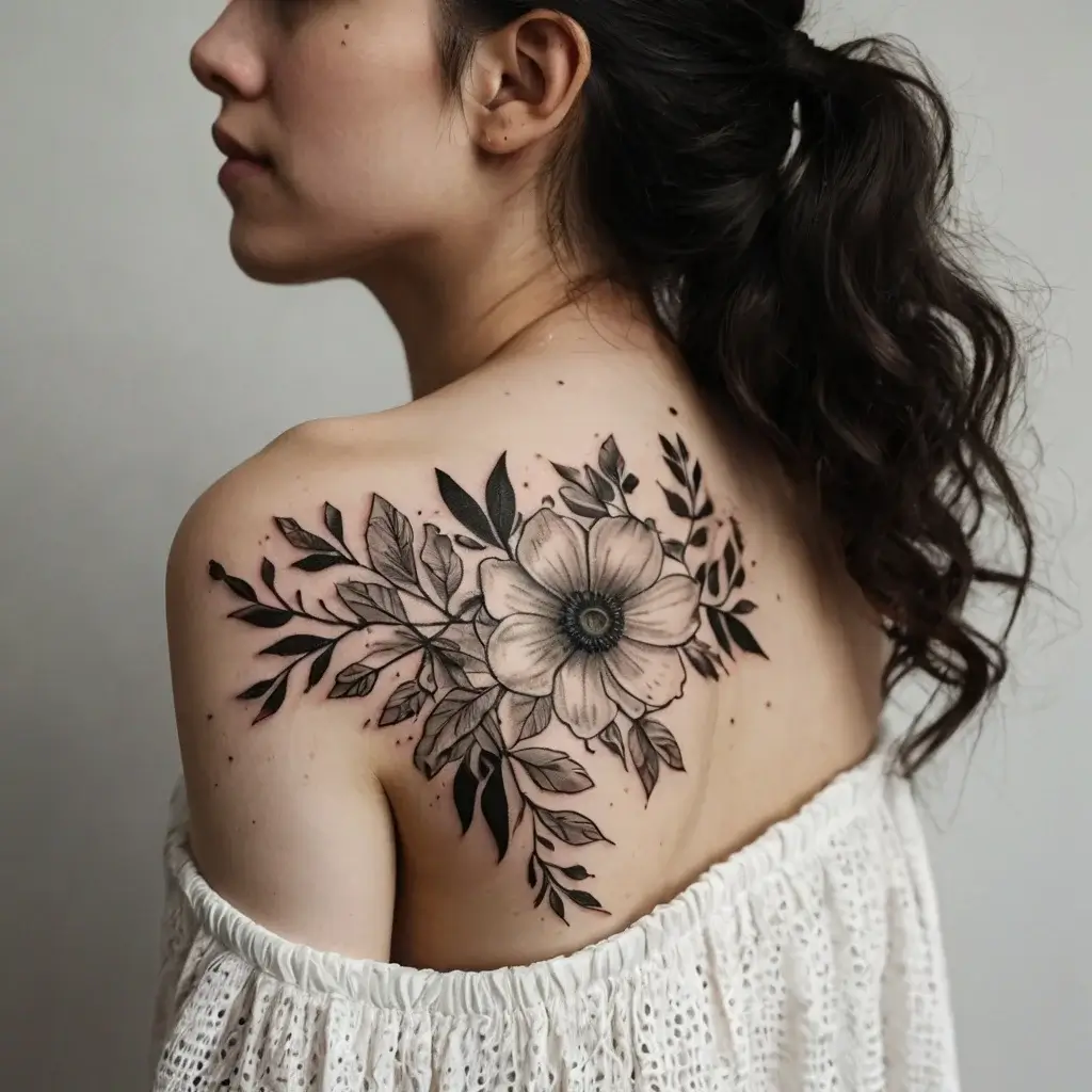 Tattoo of a large floral design with detailed petals and leaves, elegantly covering the shoulder blade area.