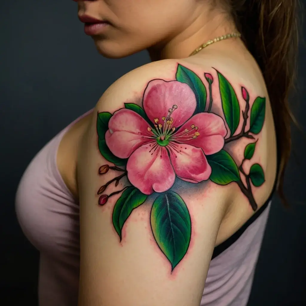 Vivid pink cherry blossom tattoo on the shoulder, with detailed green leaves and budding branches.