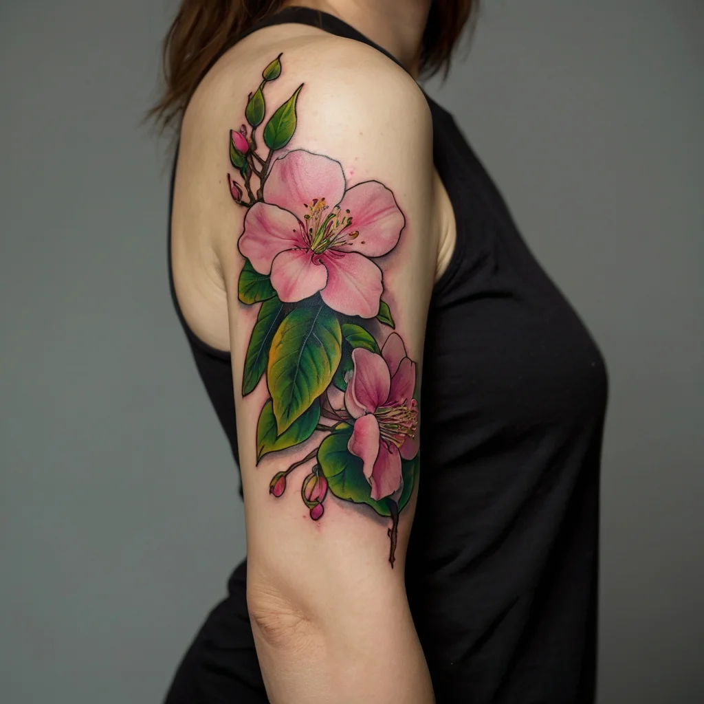 Pink cherry blossom tattoo on upper arm, with green leaves and delicate buds, showcasing a vibrant and naturalistic style.