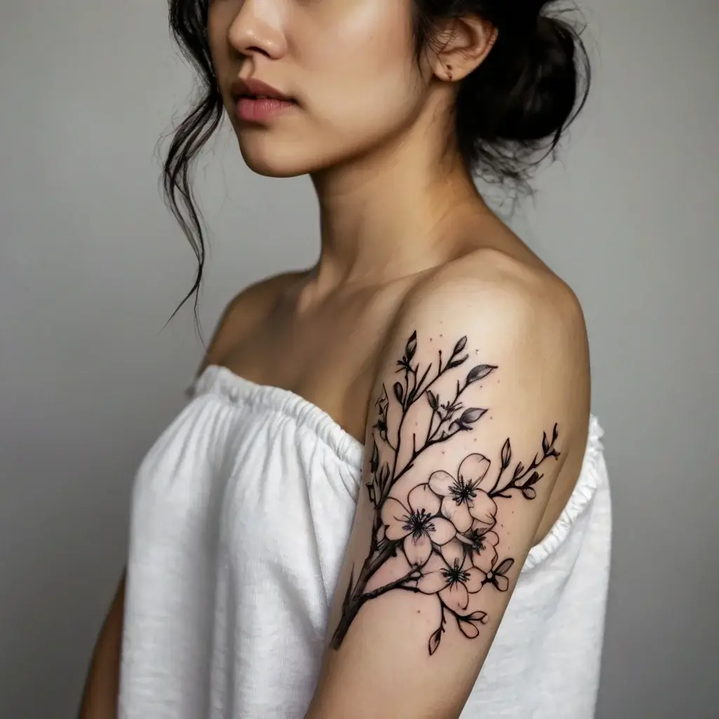 Black ink tattoo of delicate cherry blossoms and buds on branches, wrapping gracefully around the upper arm.