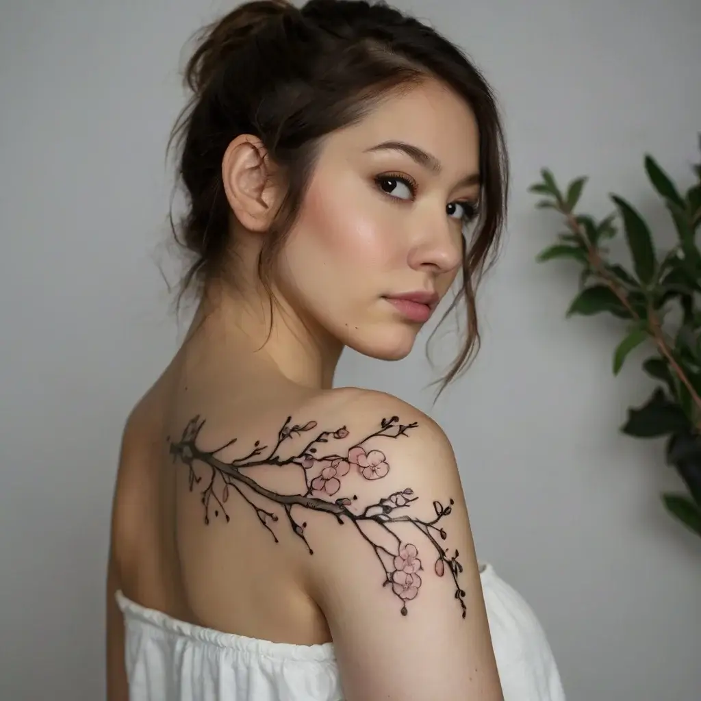 Tattoo of delicate cherry blossom branch on shoulder, with pink flowers and fine black linework for a graceful look.