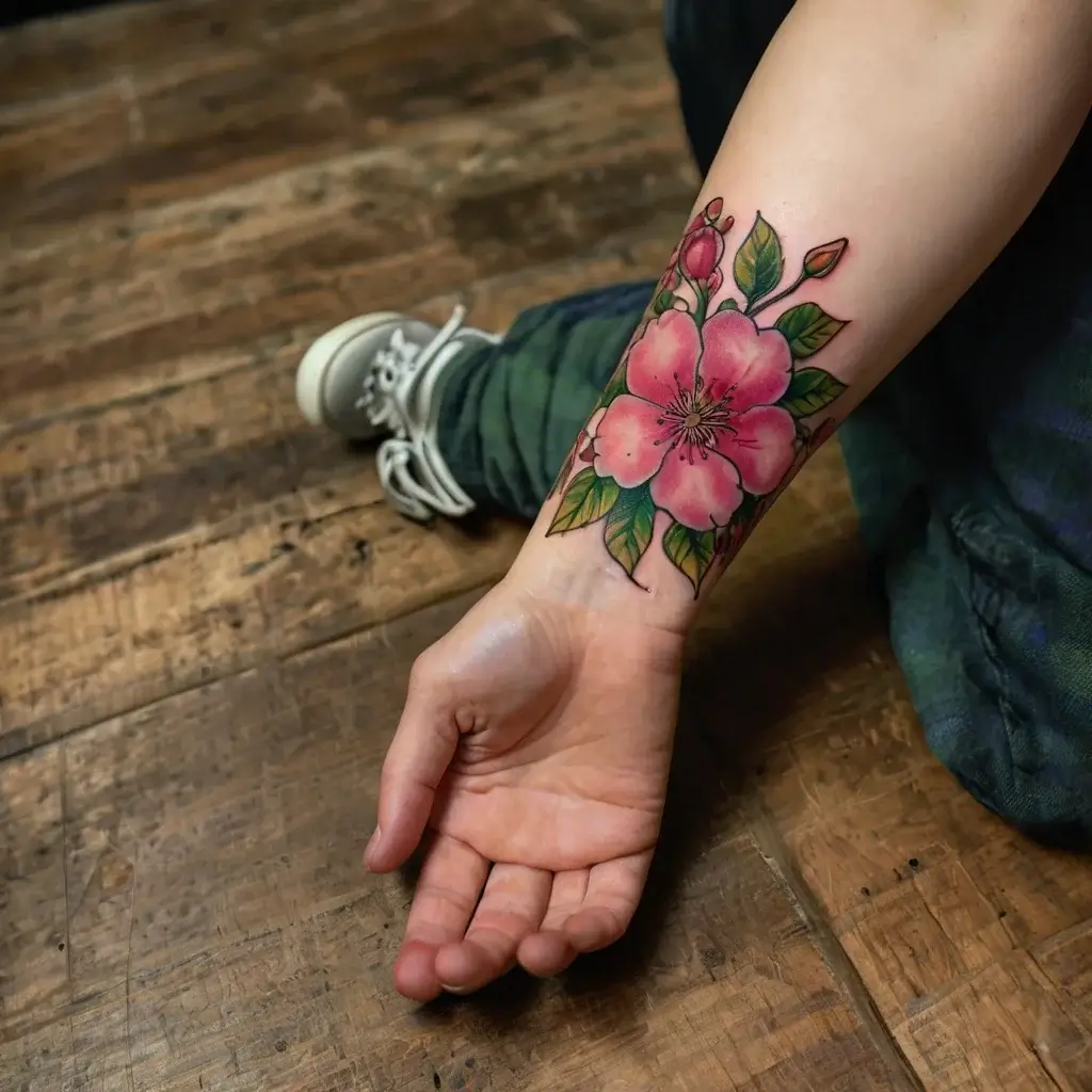 Forearm tattoo of a vibrant pink flower with green leaves, intricate shading, and budding details, set on a wooden floor.