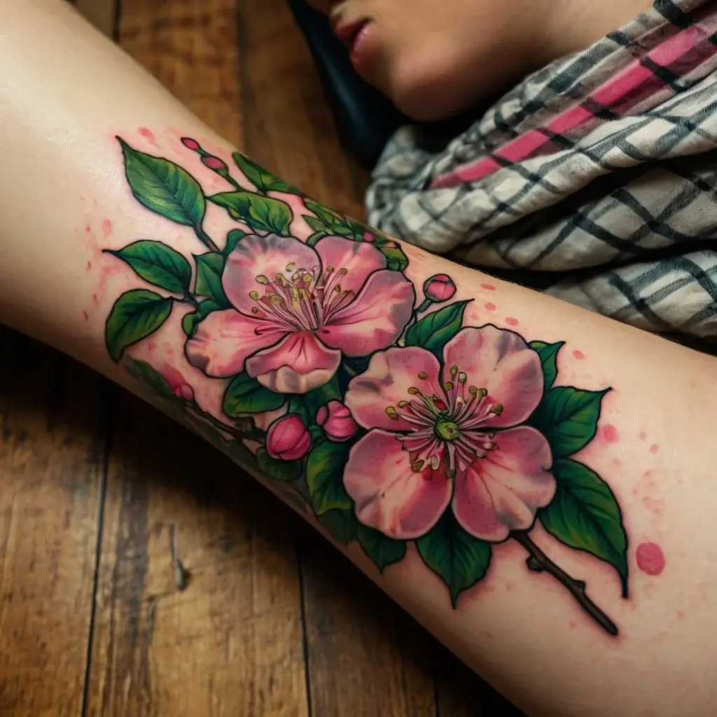 Colorful tattoo of pink cherry blossoms and green leaves on forearm, displaying detailed shading and vibrant highlights.