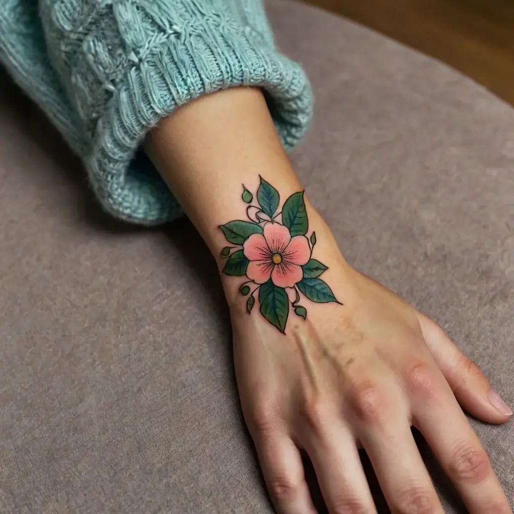 Colorful floral wrist tattoo featuring a pink blossom with green leaves, emphasizing natural beauty and elegance.