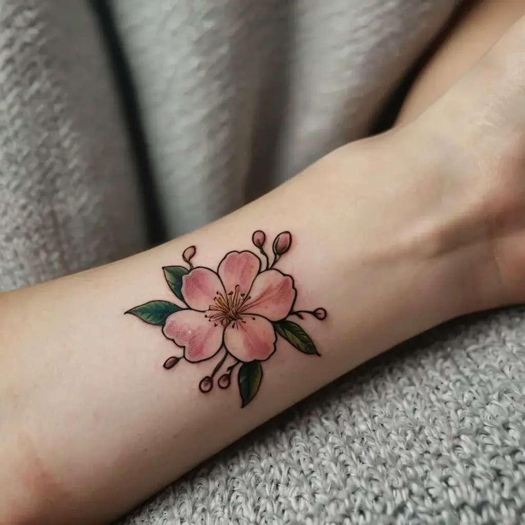 A delicate pink cherry blossom tattoo with green leaves, showcasing soft shading and fine linework on the forearm.