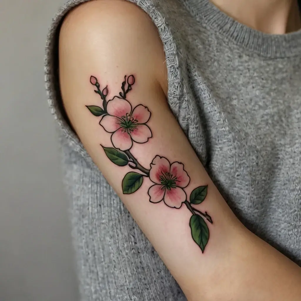 A delicate tattoo of pink cherry blossoms on a branch, with vibrant green leaves, on the upper arm.