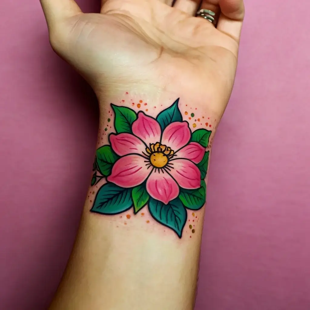 Colorful pink flower tattoo on wrist with bold outlines and vibrant green leaves, accented by orange dots on a pink background.