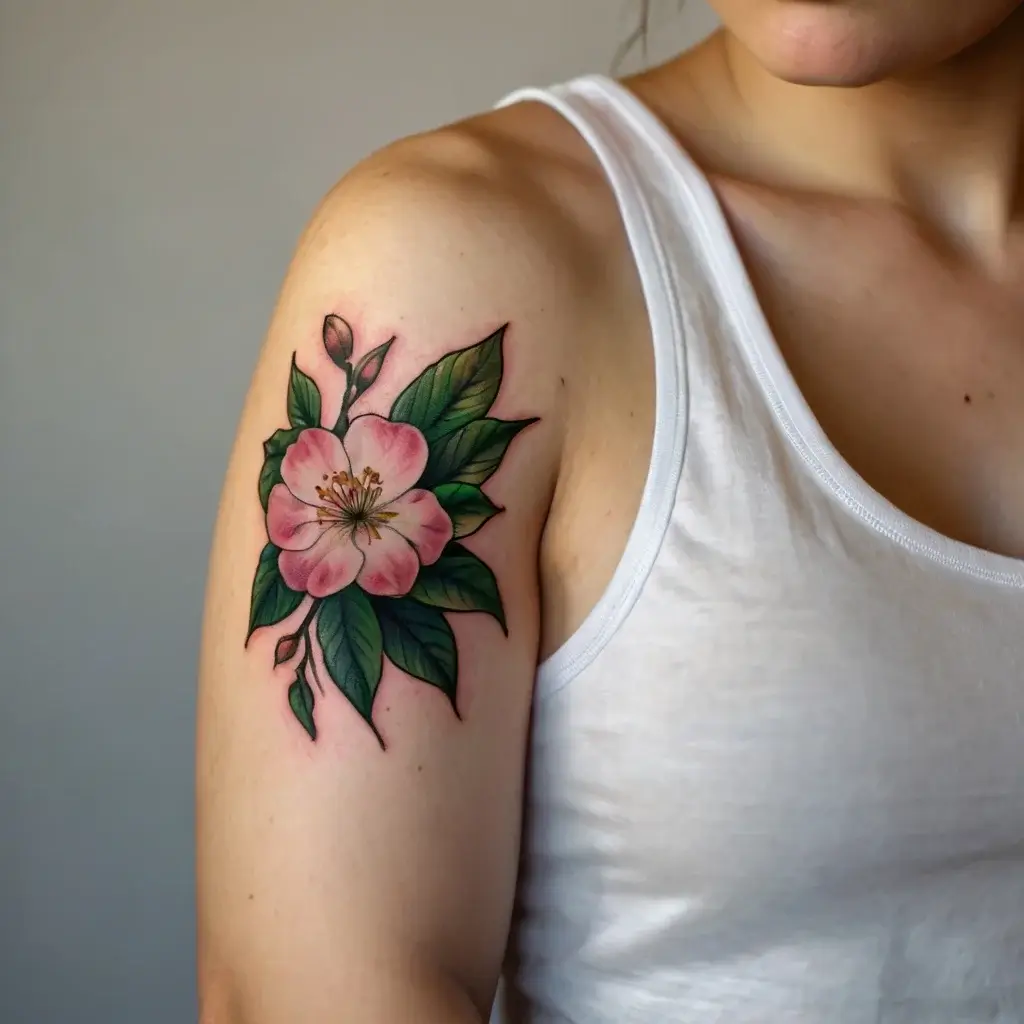 A vibrant tattoo of a pink flower with lush green leaves on the upper arm, showcasing detailed shading and highlights.