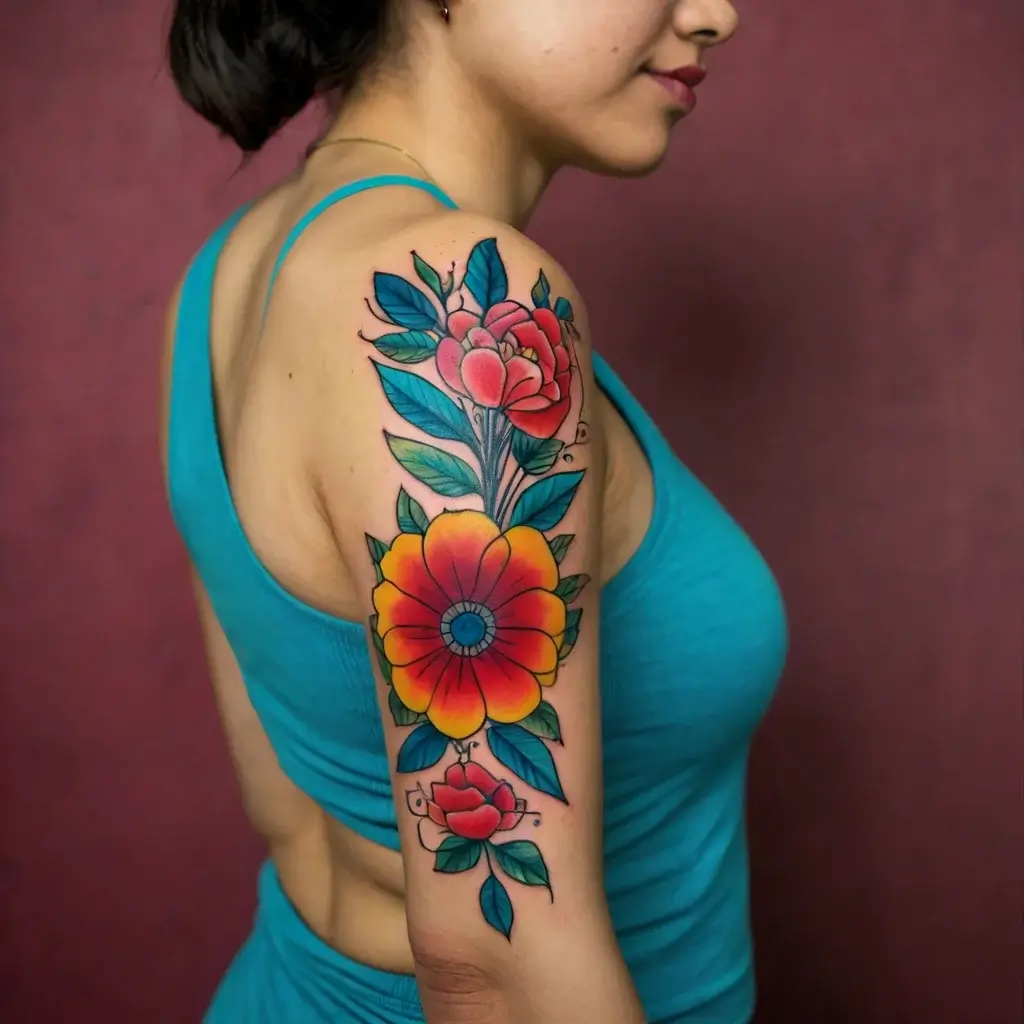 Vibrant floral tattoo with red and yellow flowers, green leaves, and intricate black details on the upper arm.