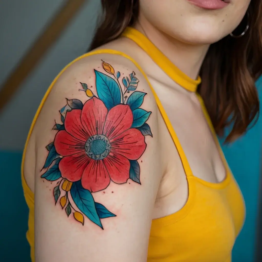 Red flower tattoo with bold blue leaves and yellow accents on the shoulder, featuring intricate black shading.