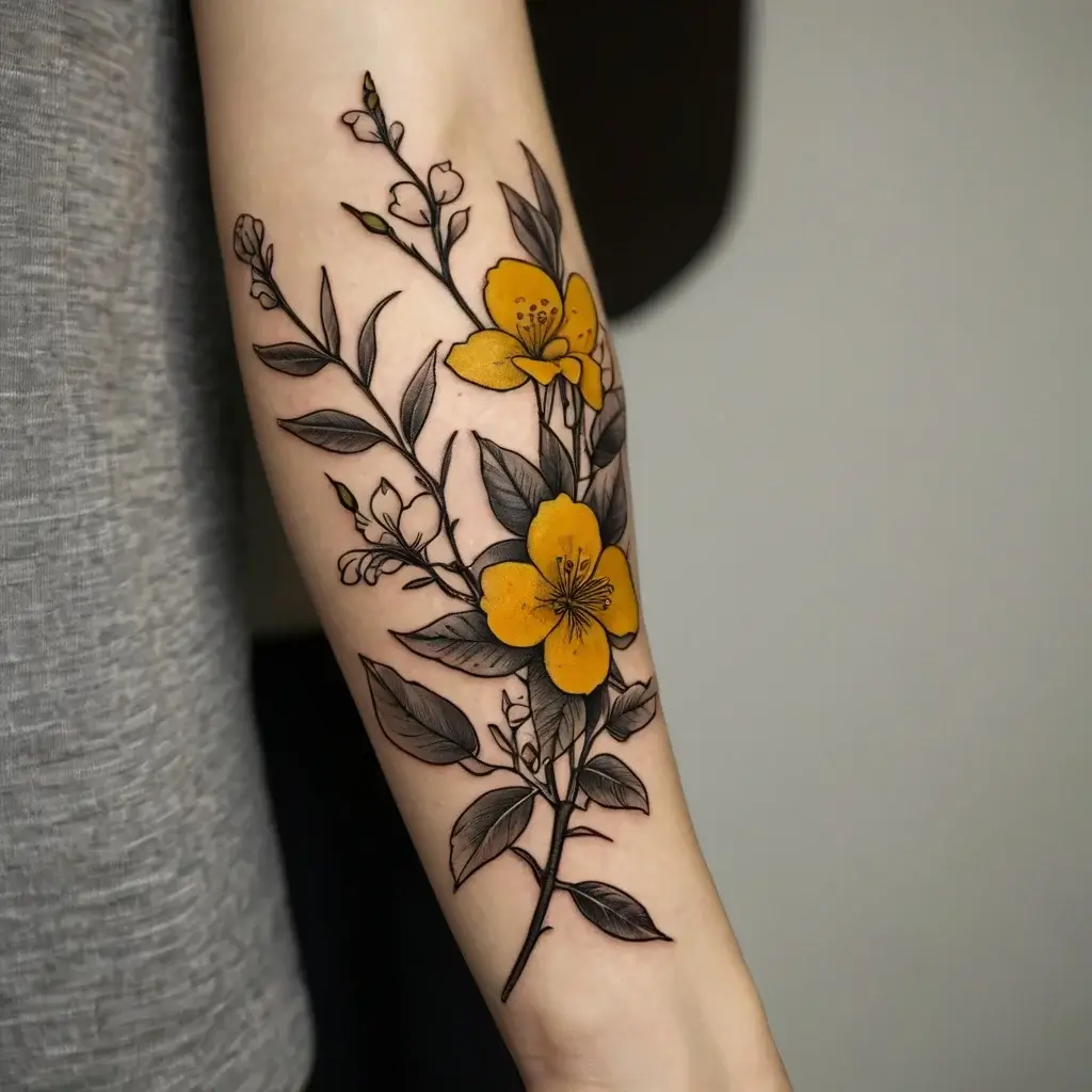 Tattoo featuring detailed black and gray branches with vibrant yellow flowers, symbolizing growth and positivity.