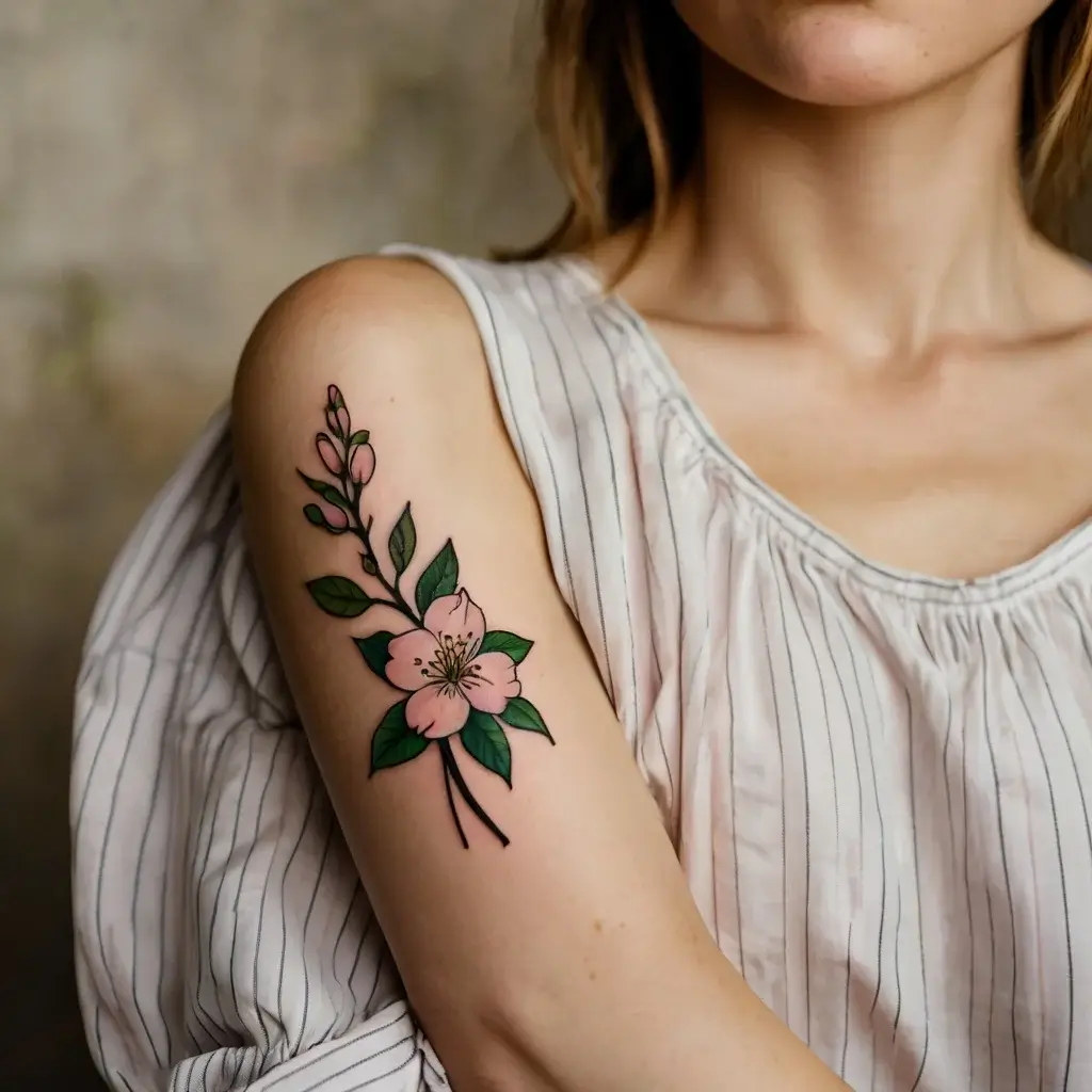 Delicate shoulder tattoo of a pink cherry blossom with green leaves and buds, symbolizing renewal and beauty.