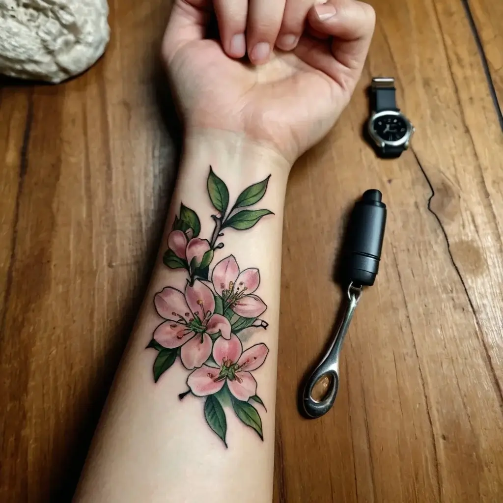 Tattoo of delicate pink cherry blossoms with green leaves, inked on forearm, blending realism with a vibrant color palette.