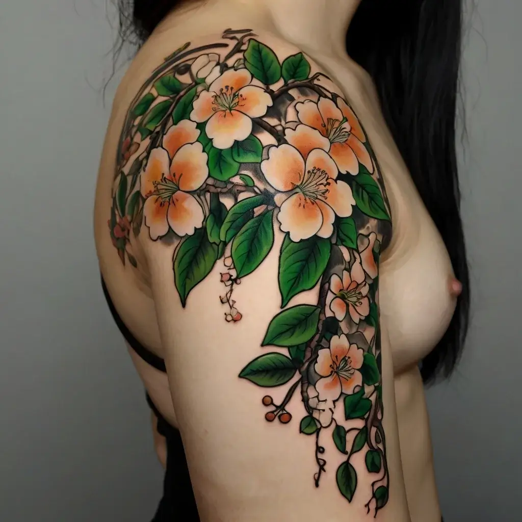 A vibrant tattoo of peach blossoms with green leaves, trailing down the shoulder and arm, symbolizing growth and renewal.