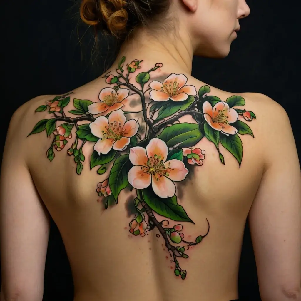 Back tattoo of vibrant cherry blossoms on branches, featuring pink petals and lush green leaves in a realistic style.