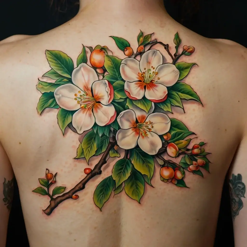 A vibrant back tattoo of blooming peach blossoms with lush green leaves, highlighting elegance and renewal.