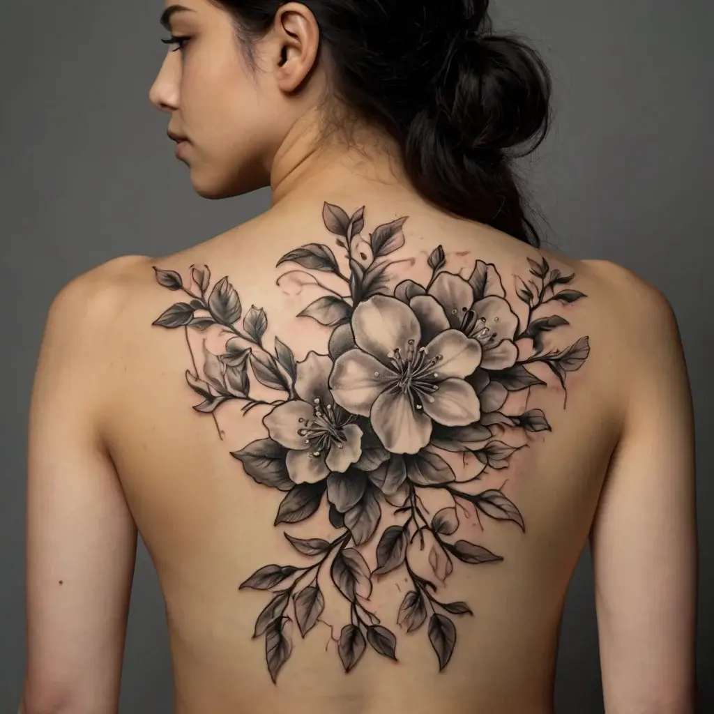 Floral back tattoo in grayscale features large, elegant blossoms and detailed leaves, creating a natural, flowing composition.