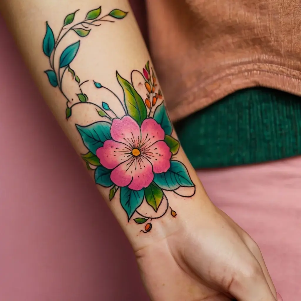 Colorful floral tattoo featuring a pink flower with teal leaves and swirling green vine on the forearm.