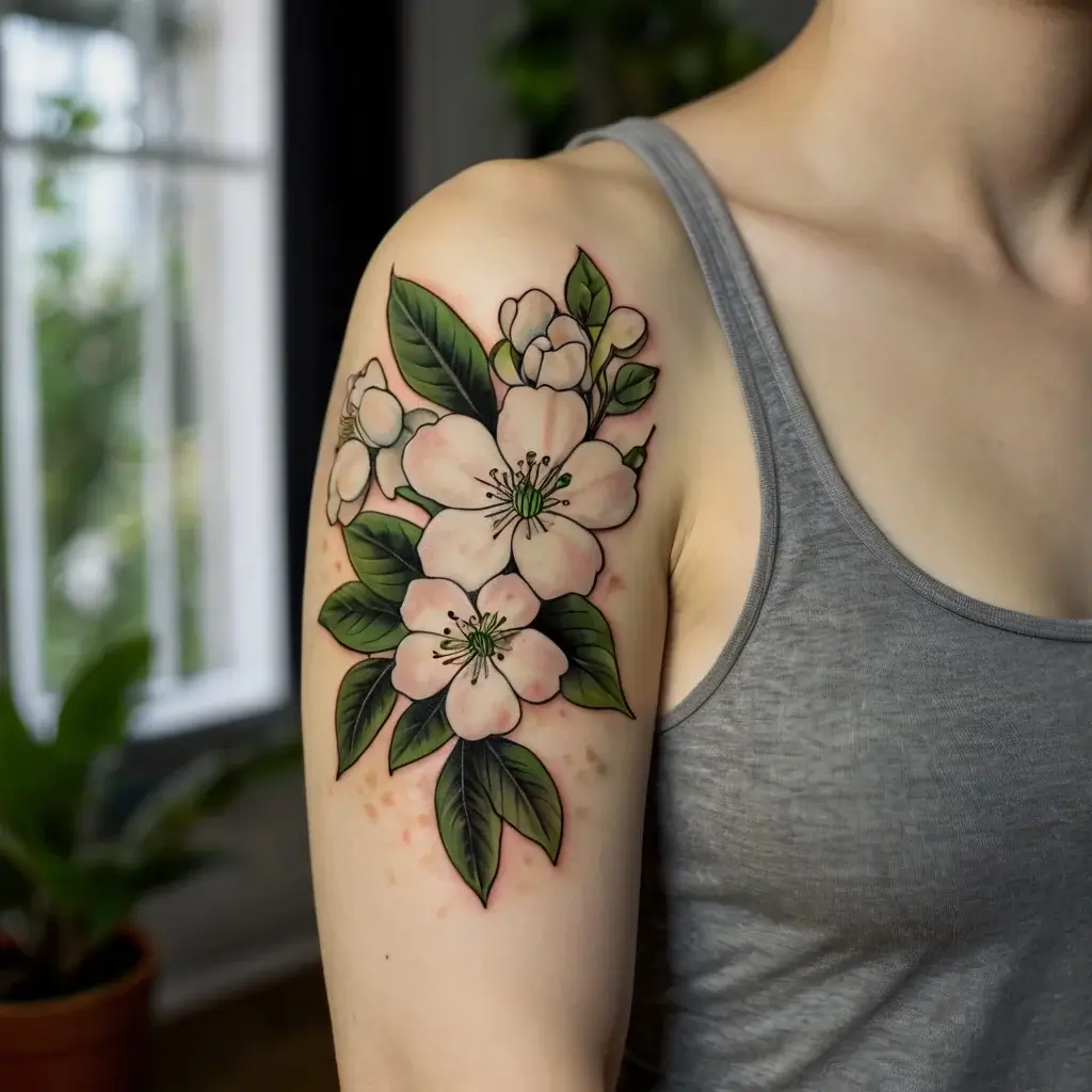 Floral tattoo with pink blossoms and lush green leaves on the upper arm, showcasing soft shading and detailed outlines.