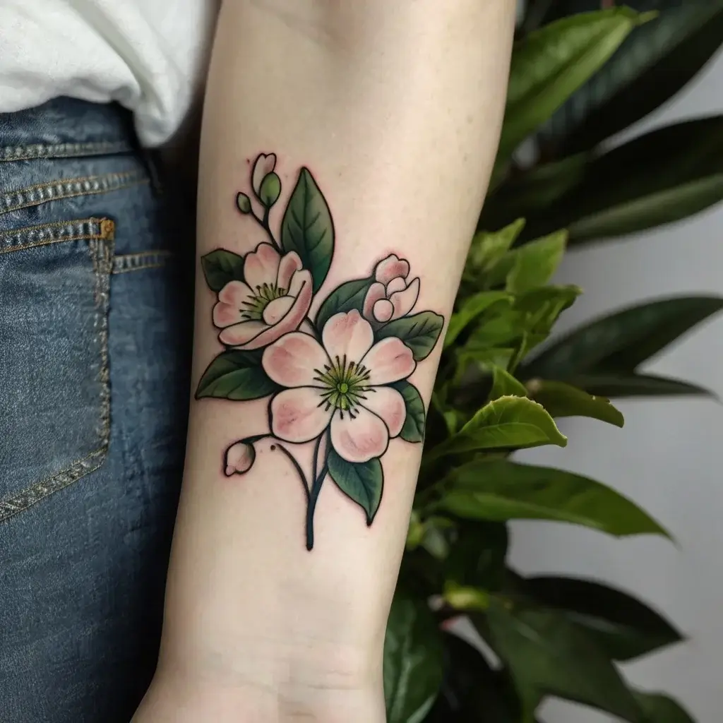 Tattoo of delicate pink cherry blossoms with green leaves, finely detailed, on forearm, symbolizing beauty and renewal.