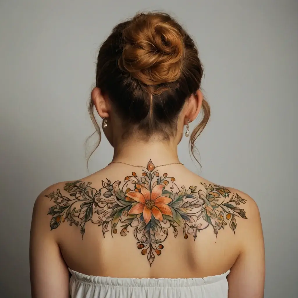 Ornate back tattoo featuring a central orange lily, with flowing floral and leafy patterns extending across the shoulders.