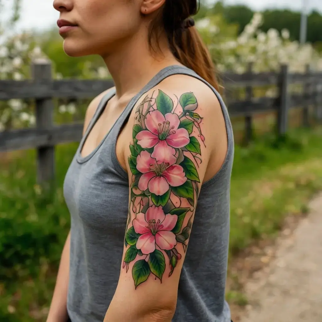 Colorful cherry blossom tattoo on upper arm, featuring pink flowers and vibrant green leaves, elegantly cascading.