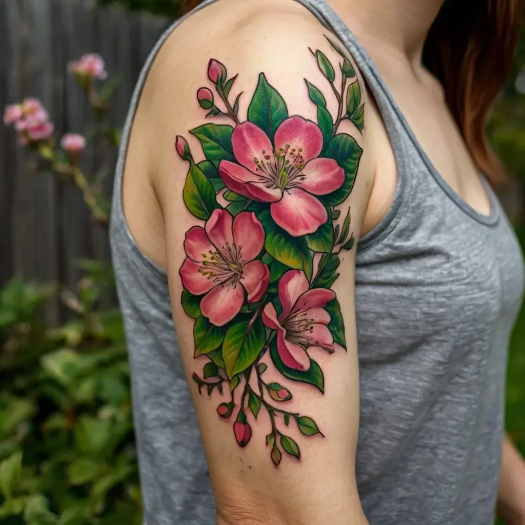 Colorful tattoo of pink cherry blossoms with green leaves on the upper arm, vibrant and intricately detailed.