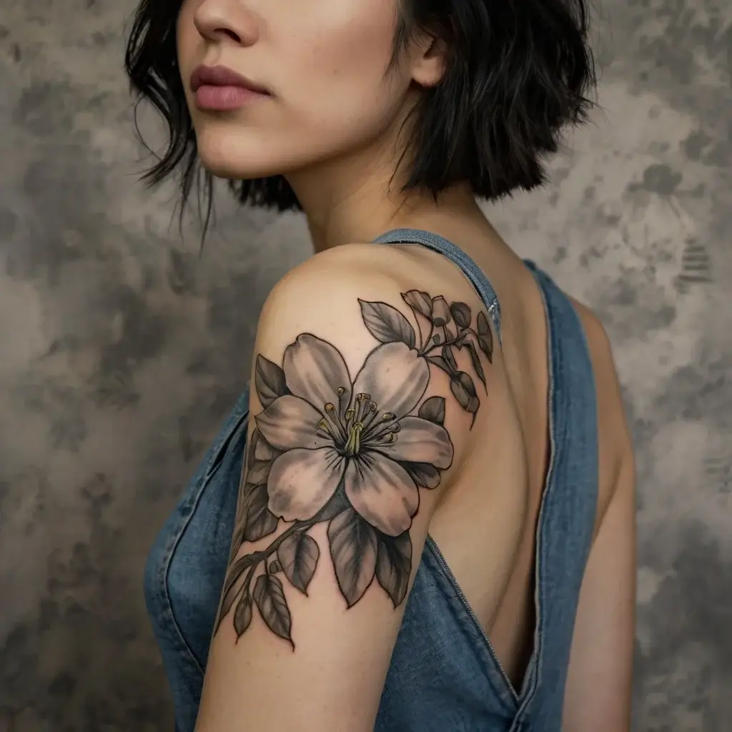 Black and grey tattoo of a large blossom with detailed petals and leaves on a woman's upper arm.