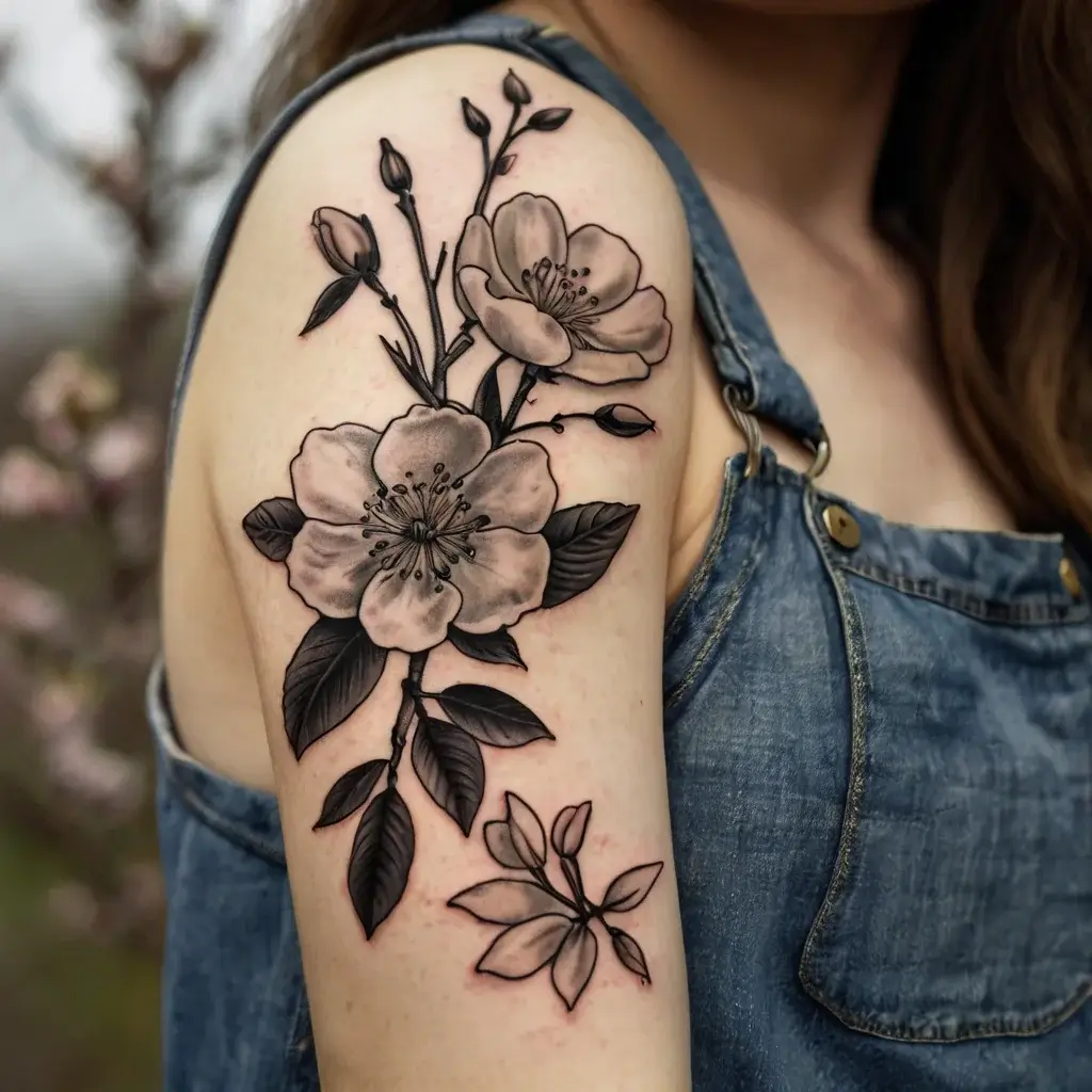 Black and grey floral tattoo on the upper arm, featuring detailed cherry blossoms and leaves with bold outlines.