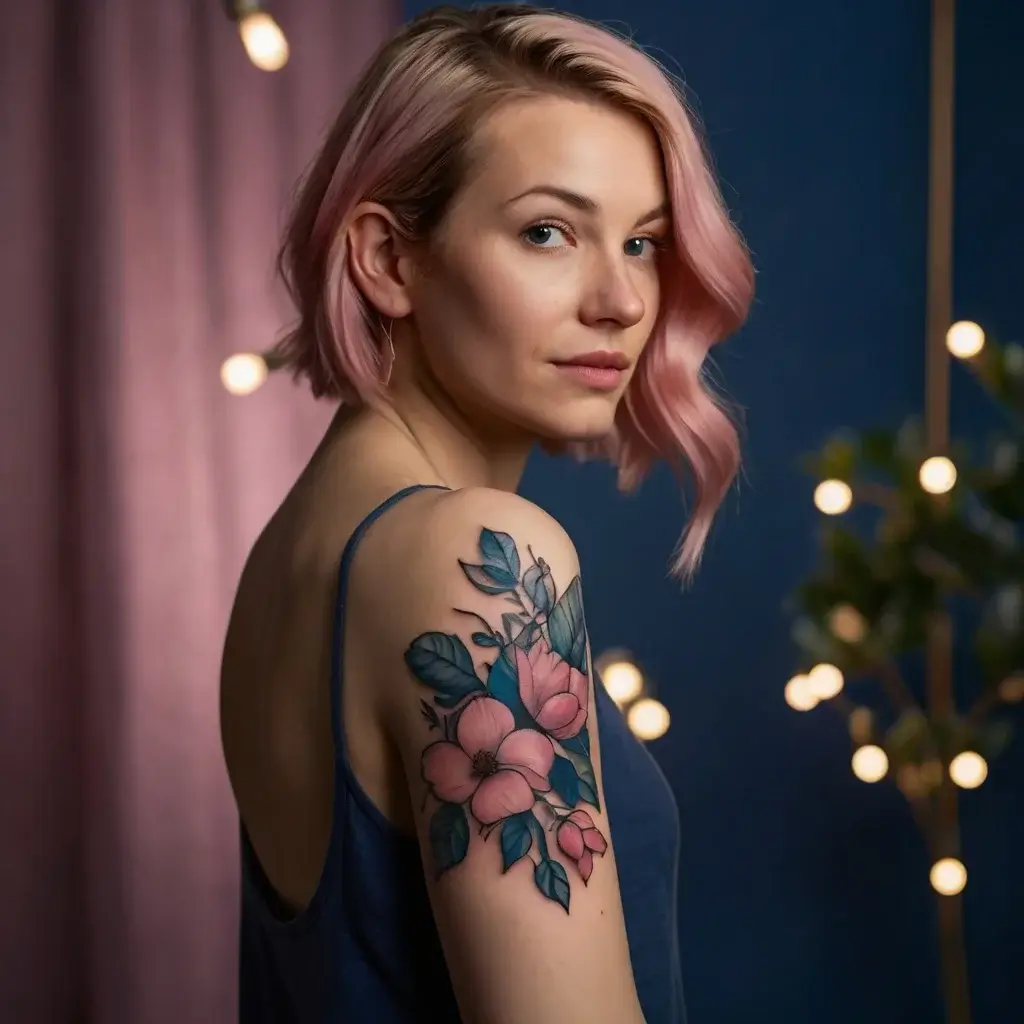 Tattoo of vibrant pink flowers with deep blue-green leaves on the upper arm, blending elegance and modern style.