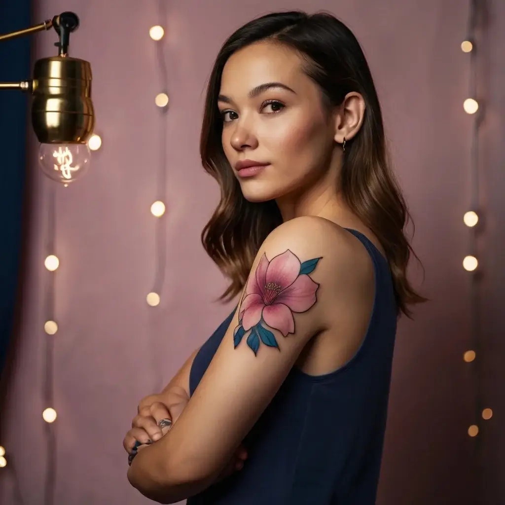 A vibrant pink flower tattoo with detailed shading and blue leaves, elegantly placed on the upper arm.