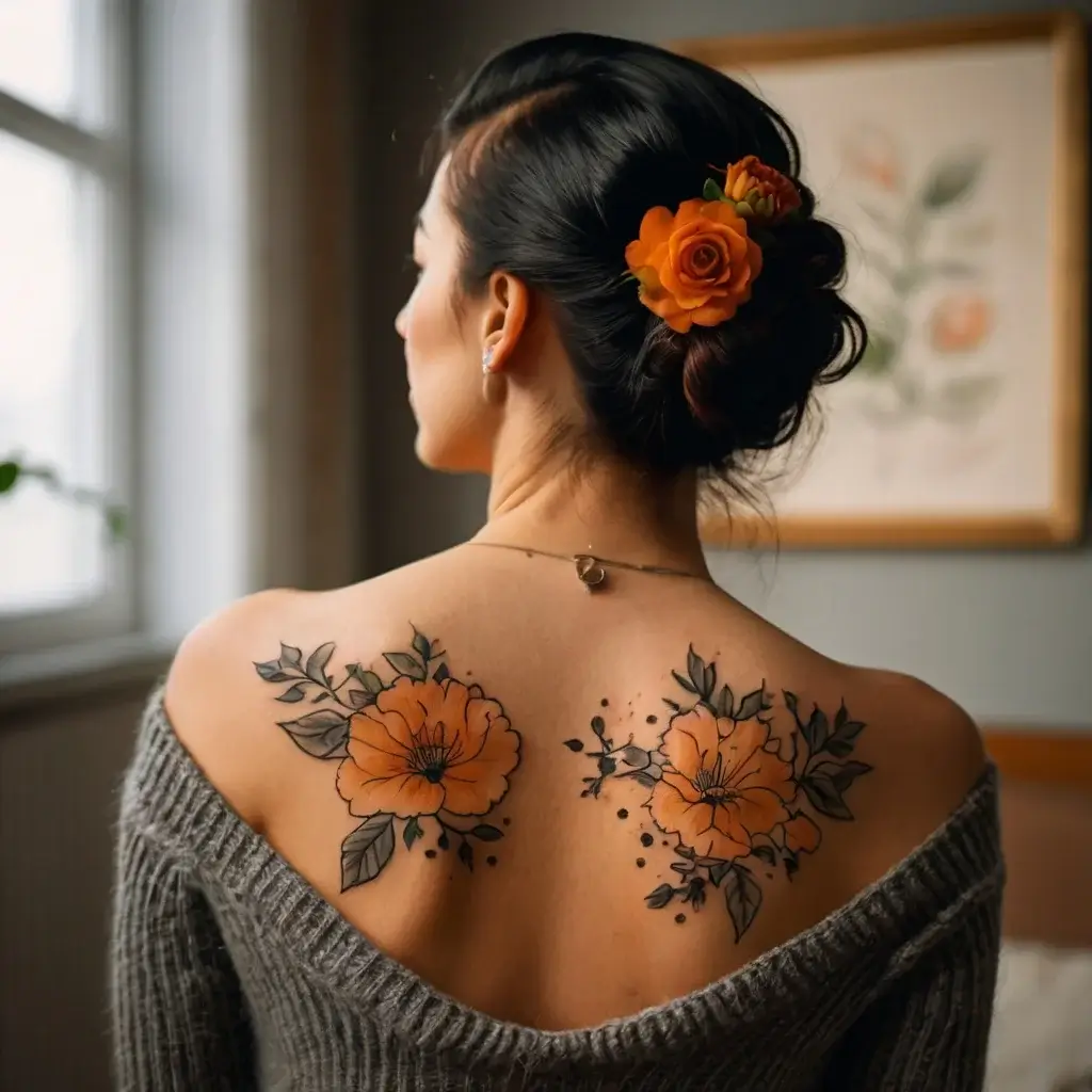 Orange floral tattoos on woman's back, with detailed leaves and petals, matching rose in hair, symbolizing elegance.