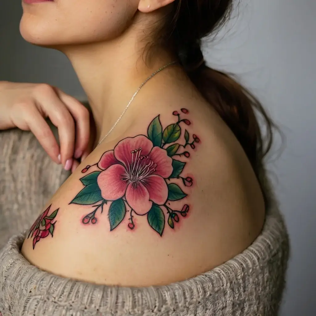 Shoulder tattoo of a vibrant pink flower with green leaves and buds, showcasing subtle shading and intricate linework.