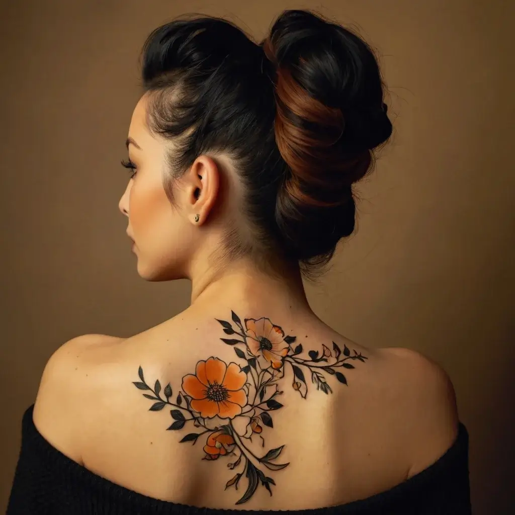 Tattoo of vibrant orange flowers with black leaves and stems, elegantly sprawling across the shoulder blade.